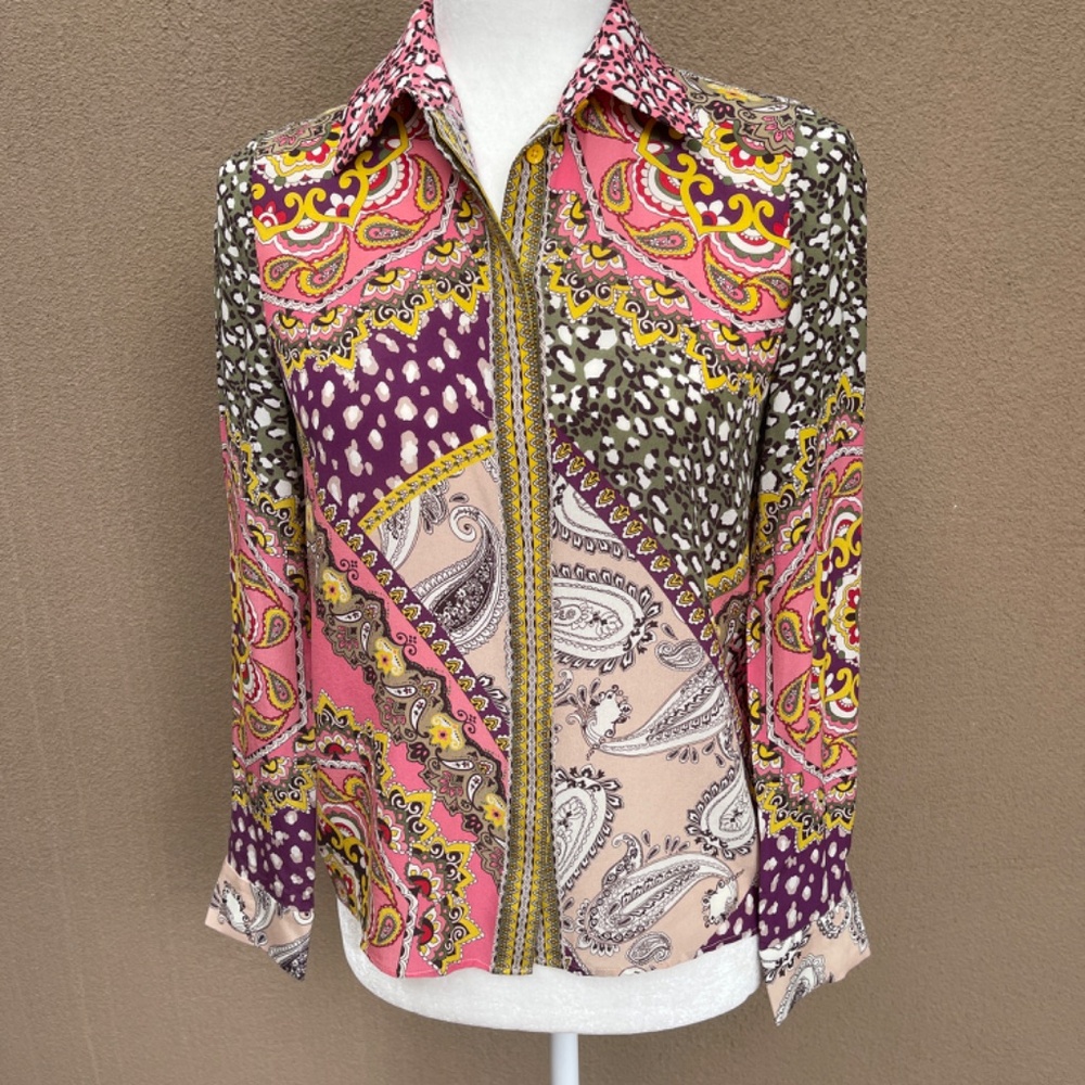 NEW! Alice + Olivia multi patterned Silk Blouse, Top Size XS